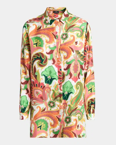 Etro White Summer-print Silk Twill Oversized Tunic Blouse In White Print 2
