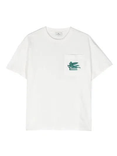 Etro Kids' White T-shirt With  Pegasus Logo In Green