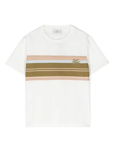 Etro Kids' White T-shirt With Logo And Striped Insert In Green