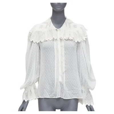 Pre-owned Etro White Textured Plisse Ruffle Collar Cuff Boho Peasant Blouse It38 Xs