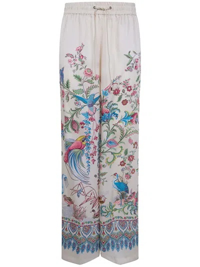 Etro White Wideleg Trousers With Floral Print In Multi