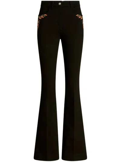 Etro Wide Leg Black Jeans With Floral Embroidery In Brown