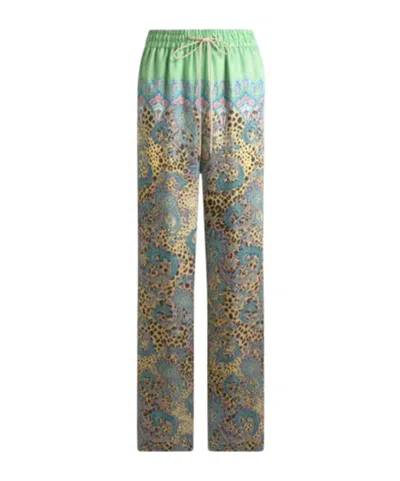 Etro Wide-leg Trousers With Placed Paisley And Animal Print In Green