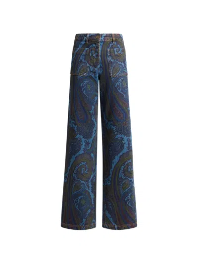 Etro Wide-leg Jeans In Stretch-cotton Denim With Paisley Motif In Blue