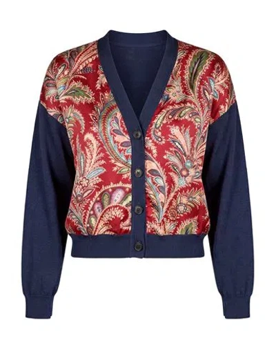 Etro Woman Cardigan Navy Size 12 Silk, Viscose, Nylon, Cotton In Blue