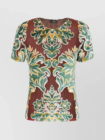 Etro Woman's Floral Embroidered V-neck Short Sleeve Top In Multi