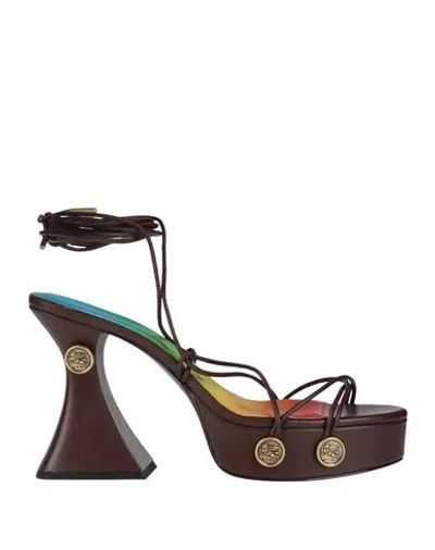 Etro Woman Sandals Chocolate Brown Size 8 Leather In Blue