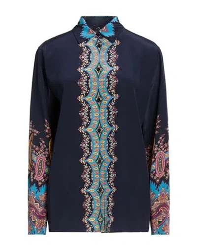 Etro Woman Shirt Midnight Blue Size 8 Silk In Animal Print