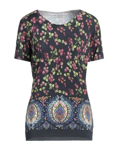 Etro Berry-print Puff-sleeve Neck-tie Silk Top In Blue