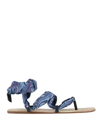 Etro Woman Thong Sandal Blue Size 9 Textile Fibers, Leather