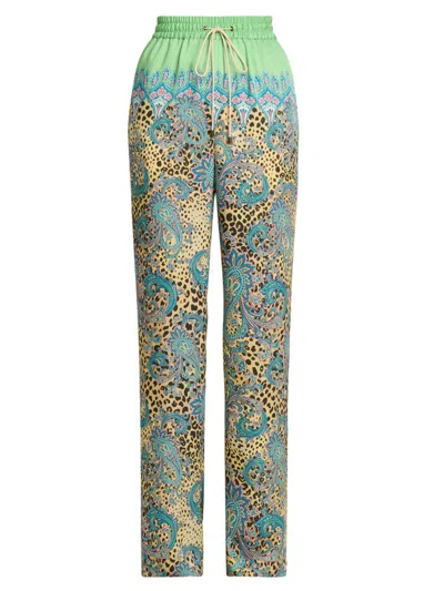 Etro Women's Animal Paisley Silk-cashmere Drawstring Pants In Green