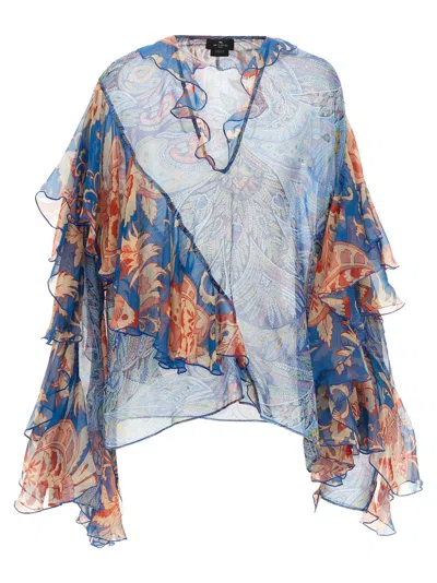 Etro Blue Loose Printed Shirt In Brown