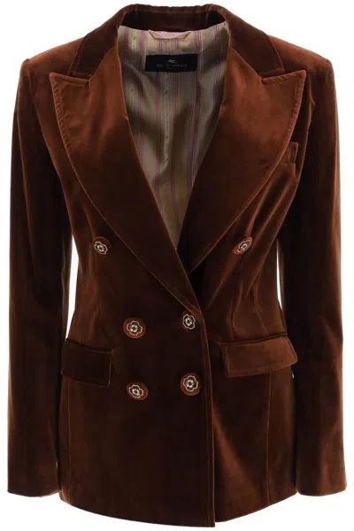 ETRO WOMEN'S BROWN VELVET JACKET WITH FLORAL EMBROIDERED BUTTONS AND DECONSTRUCTED DESIGN