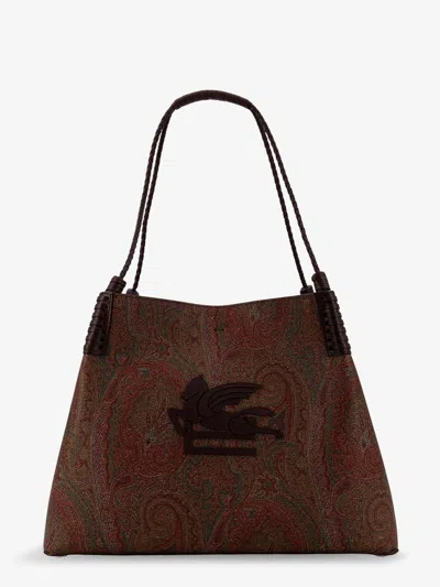 Etro Women Coated Canvas Shoulder Bag With Paisley Jacquard Pattern In Brown