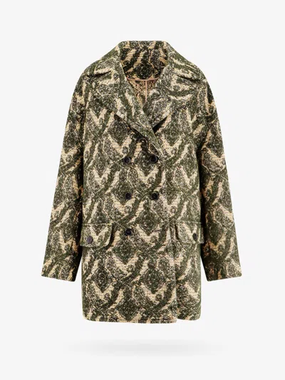 Etro Women Double-breasted Coat With Multicolor Motif In Green