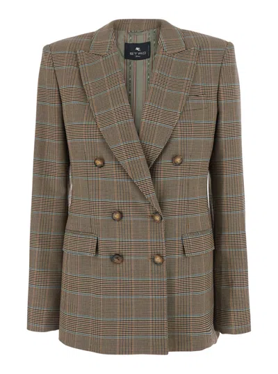 Etro Women's Double-breasted Wool-blend Blazer With Peak Lapels And All-over Check Motif In Beige