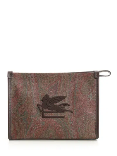 Etro Women  Medium Paisley Jacquard Pouch With Pegaso Detail - Wp2c0007 In Brown