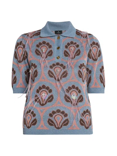 ETRO WOMEN'S FEATHER-TRIMMED KNIT POLO TOP