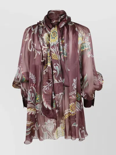 Etro Women's Floral High Neck Long Sleeve Top In Burgundy