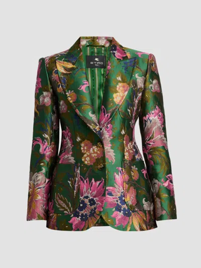 Etro Single-breasted Cotton-blend Jacquard Jacket With Floral Motif In Green