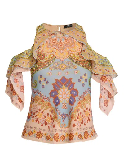Etro Women's Floral Ruffle Cold-shoulder Blouse In Multi