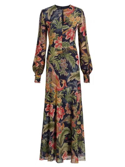 Etro Women's Floral Silk Blouson-sleeve Maxi Dress In Blue