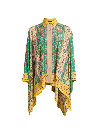 Etro Women's Floral Silk Draped Beach Shirt In Green
