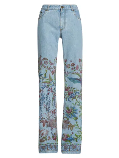 Etro Women's Floral-embroidered Flared Jeans In Blue