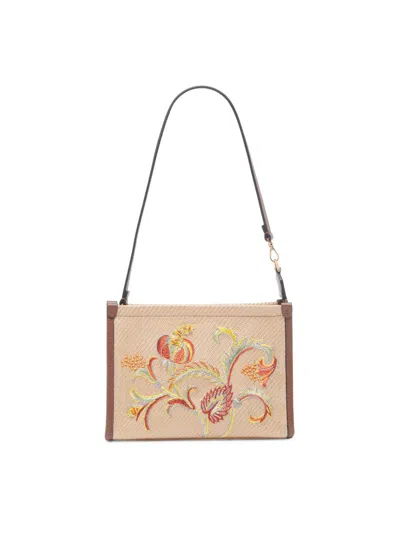 Etro Women's Floral-embroidered Woven Pouch In Brown