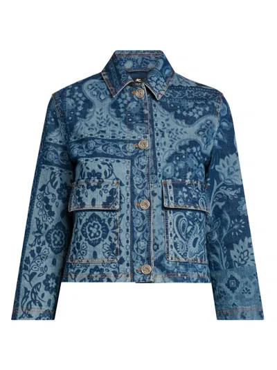Etro Women's Floral-print Denim Jacket In Blue