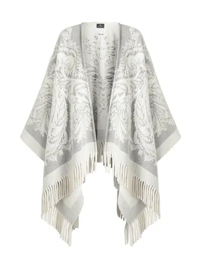 Etro Women's Jacquard Wool Fringe-trim Cape In Gray