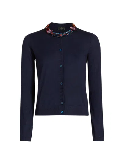 Etro Women's Jeweled Neckline Cardigan In Blue