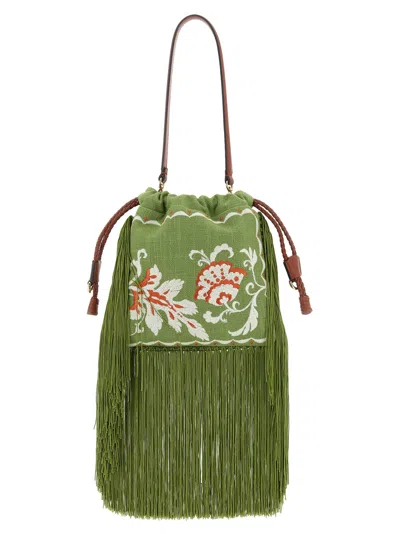 Etro Kalispera Small Embroidered Linen Shoulder Bag In Green