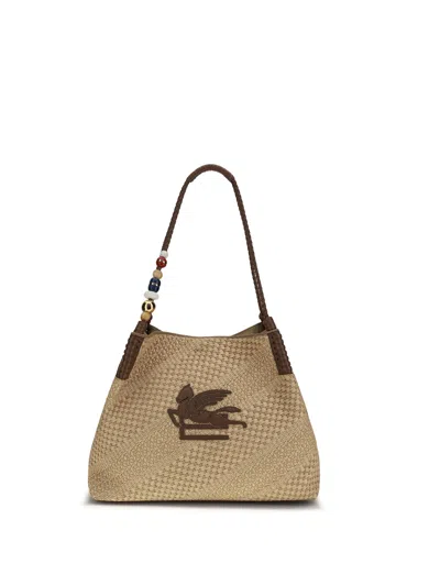 Etro Women Large Libra Shoulder Bag In Raffia In Brown