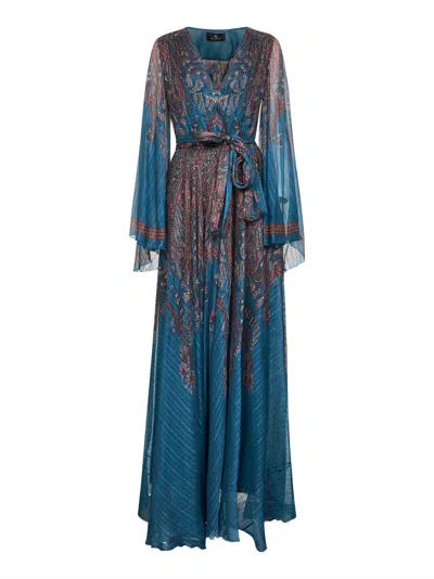 Etro Women Light Blue Paisley Print Pekin Crepon Long Dress