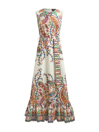 Etro Long Cotton Dress With Placed Floral Paisley Print In Multi
