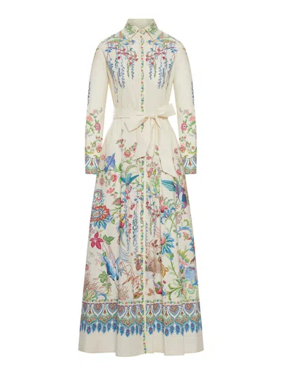 Etro Women Long Silk Chemisier Dress With Floral Print And Belt In White