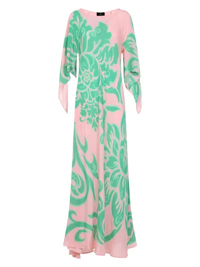 ETRO WOMEN'S LONG SILK DRESS WITH GREEN PRINT