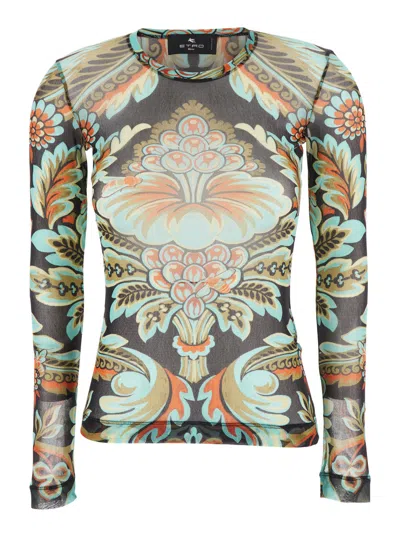 Etro Women Mesh Printed Top In Green