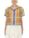 Etro Short Sleeve Collared Cropped Print Top In Multi