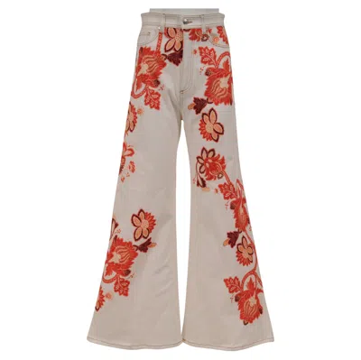 Pre-owned Etro Women Paisely Print Floral Bandana Jeans Us 28 White Wide Leg Denim Flare