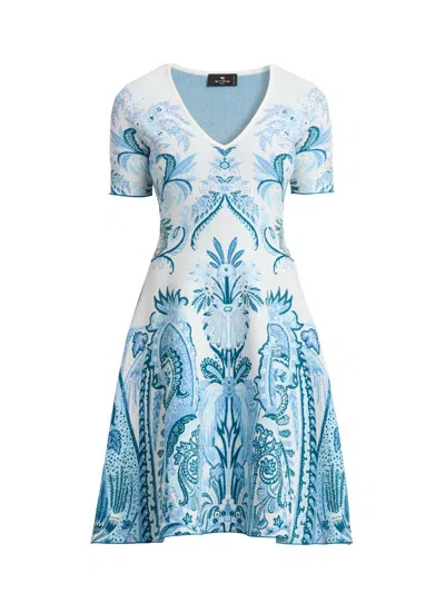Etro Leafy Paisley Jacquard Short-sleeve A-line Dress In Blue