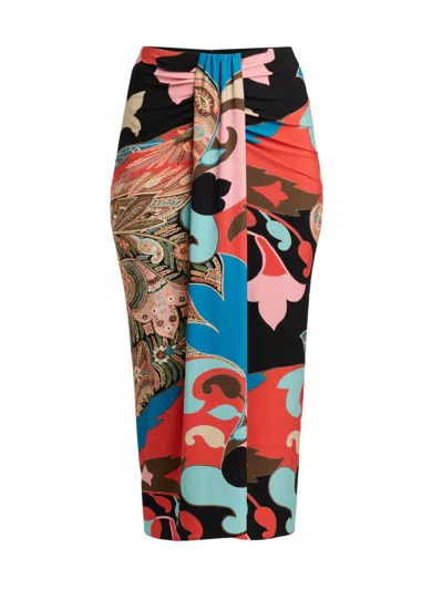 Etro Paisley Lotus Print Knot Front Midi Pencil Skirt In Multi