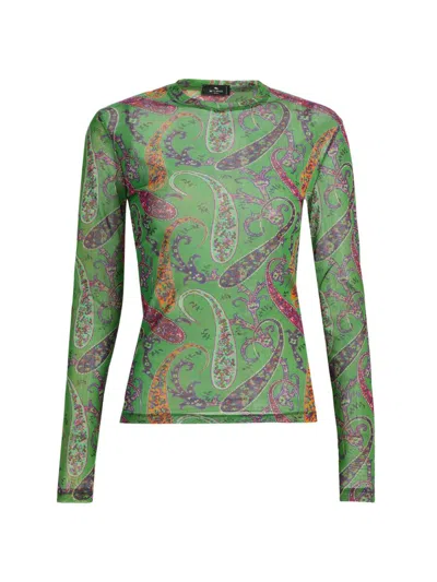 Etro Women's Paisley Print Mesh Long-sleeve Top In Green
