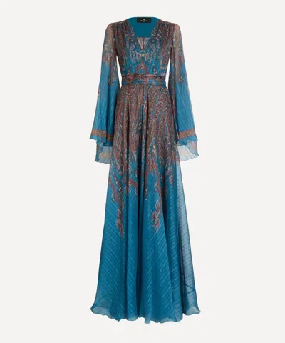 Etro Women's Paisley Print Silk Maxi Dress In Blue