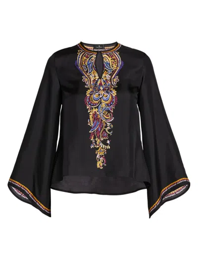 Etro Women's Paisley Silk Flared-sleeve Blouse In Black