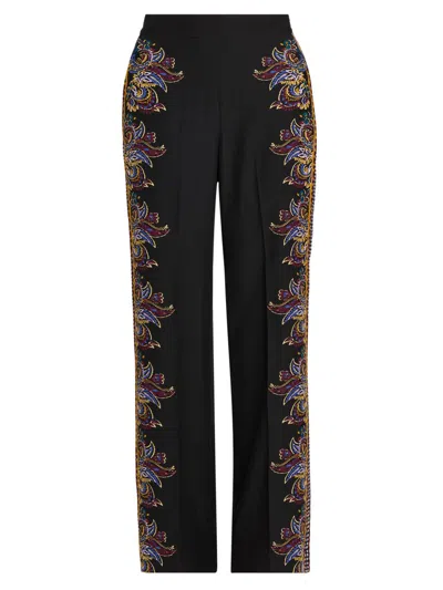 Etro Women's Paisley Straight-leg Trousers In Black
