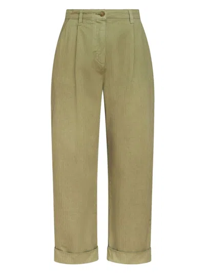 Etro Cropped Herringbone-pattern Cotton Chinos In Green