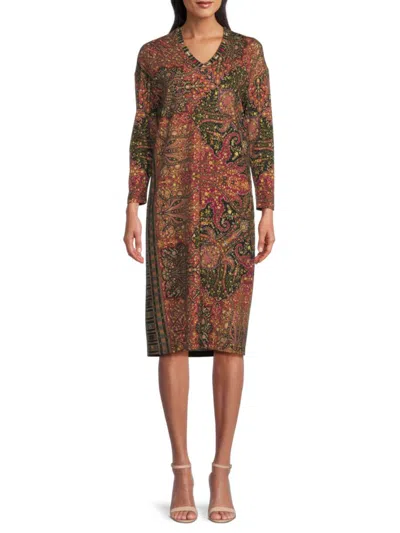Etro Women's Print Drop Shoulder Wool Blend Midi Dress In Black Brown Multi
