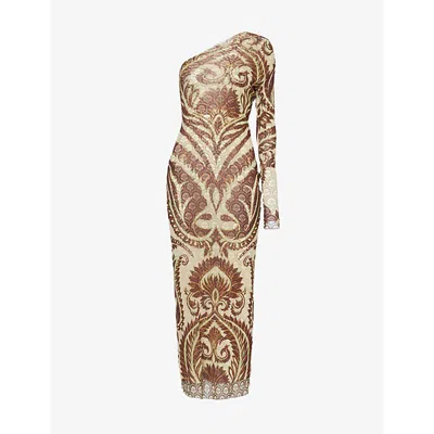 Etro Womens Print On Beige Base Graphic-print One-sleeve Mesh Midi Dress